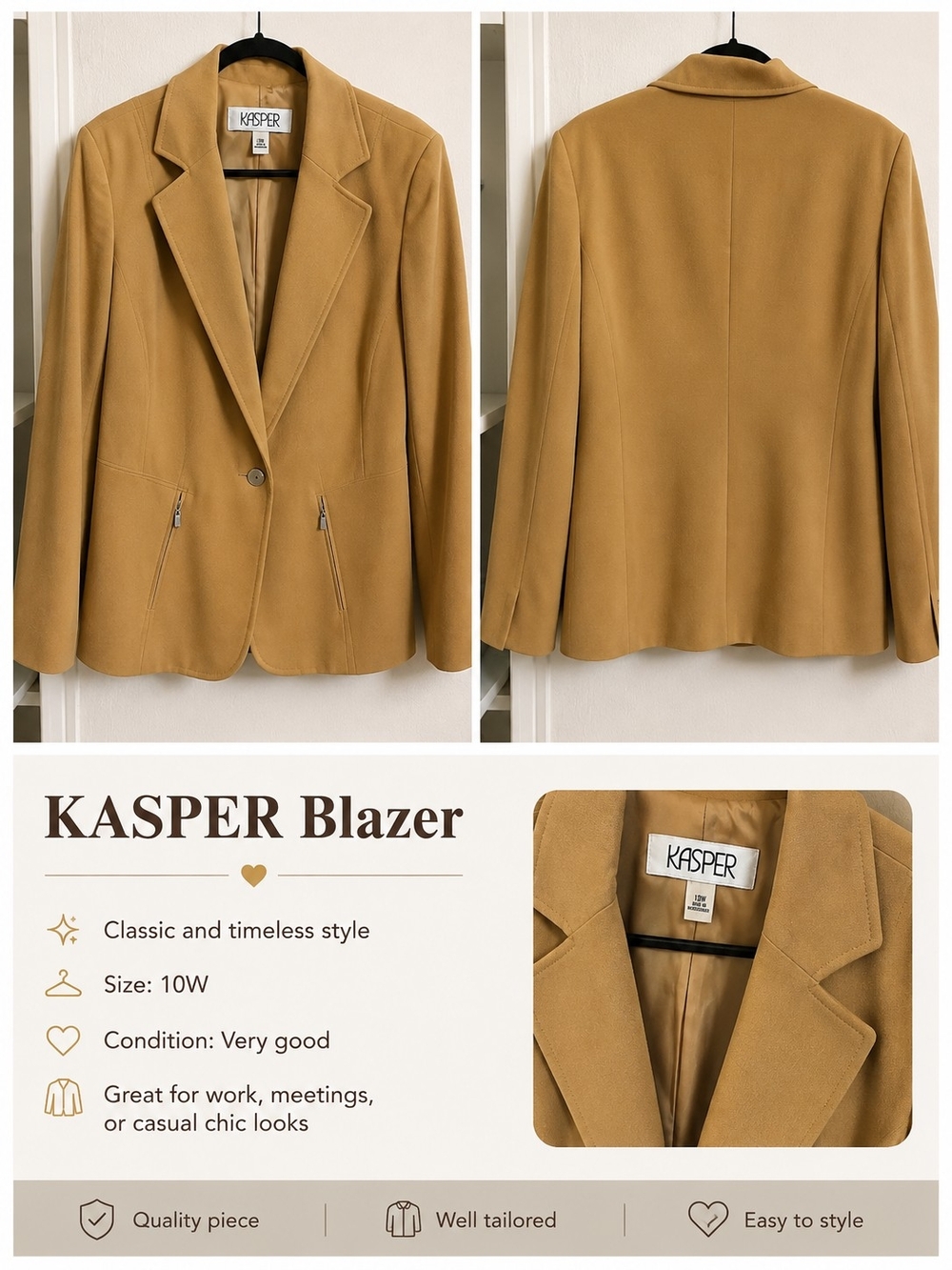 Kasper Tan Single-Button Blazer with Zip Pockets